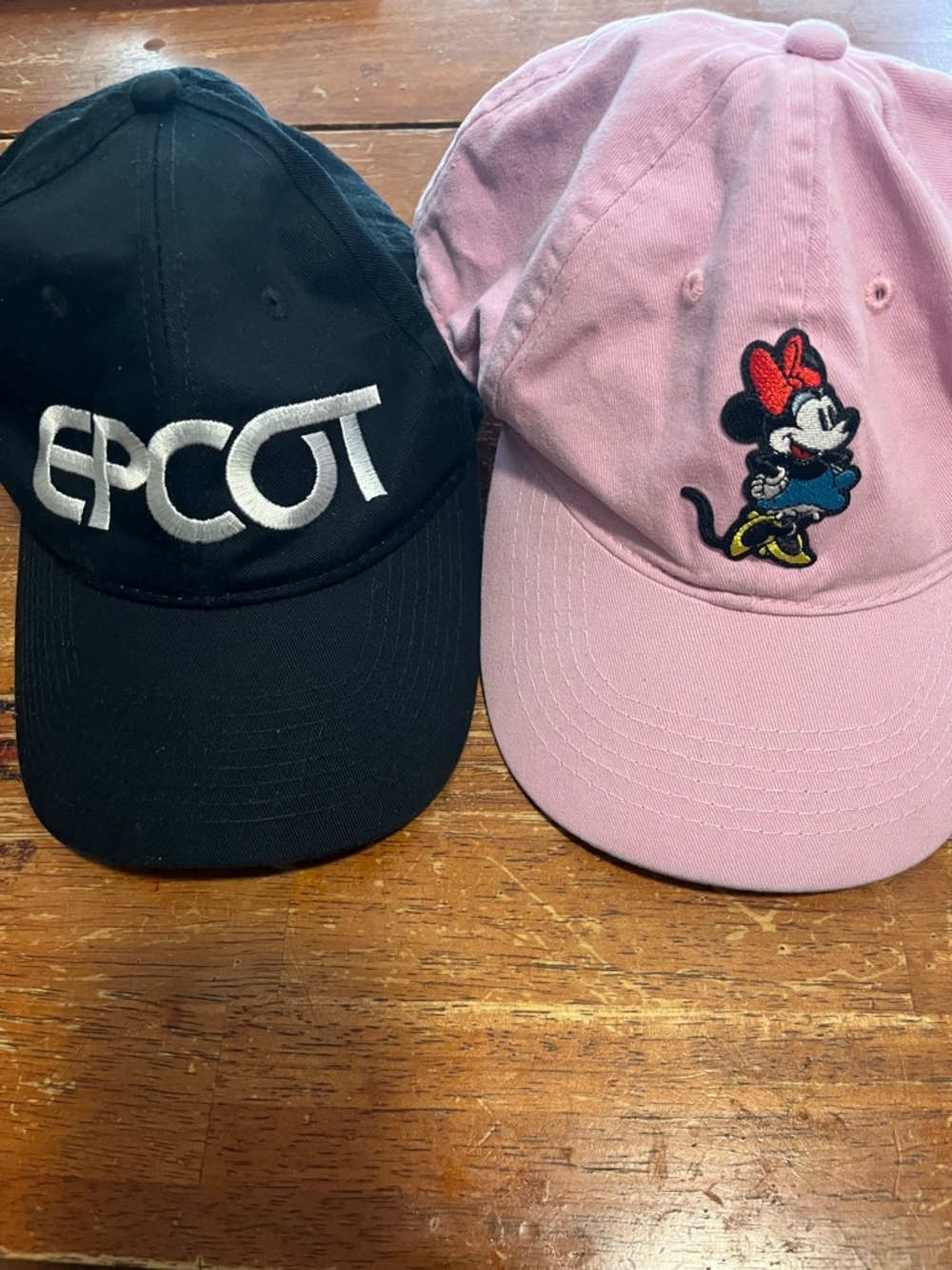 Disney EPCOT Black Baseball Cap with White Logo AND Minnie Mouse Cap
